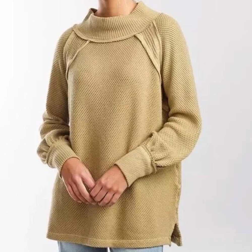 We The Free People Shes A Keeper Thermal Tan Waffle Knit Mock Neck Tunic Sweater
